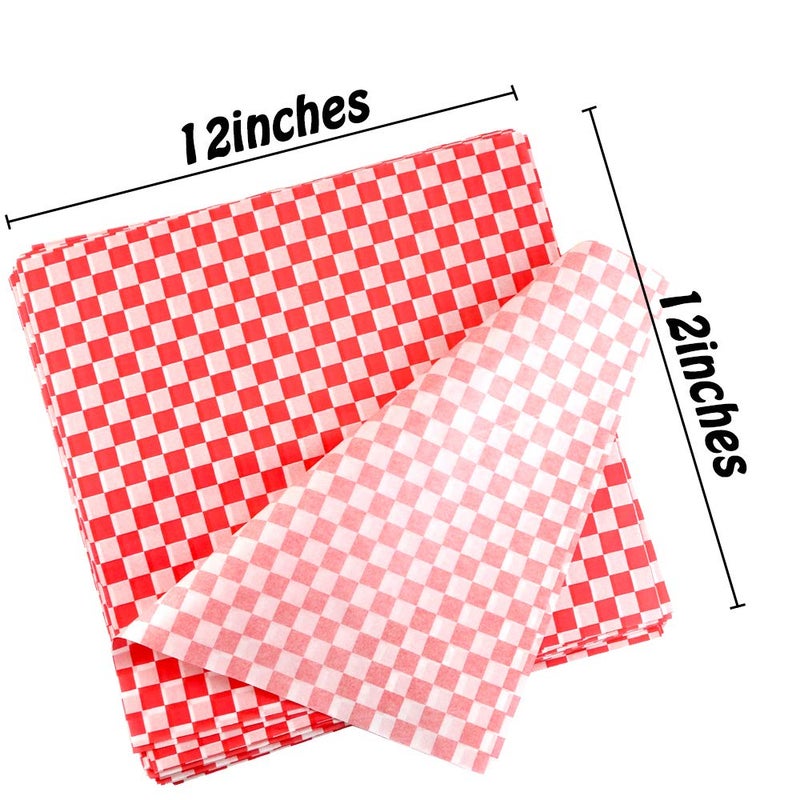 Hslife 100 Sheets Checkered Dry Waxed Deli Paper Sheets, Paper Liners for Plastic Food Basket, Wrapping Bread and Sandwiches (Red) - Image 2